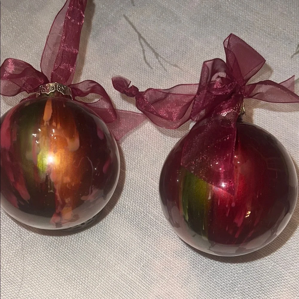 Burgundy Red & Green Swirled Christmas Ornaments (x2)